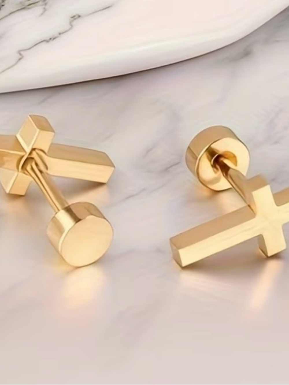 Gold Cross Barbell Stud Earrings for Men